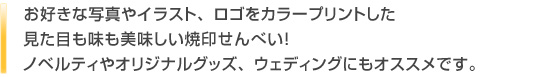 お好きな写真やイラスト、ロゴをカラープリントした見た目も味も美味しい焼印手焼せんべい！ノベルティやオリジナルグッズ、ウェディングにもオススメです。