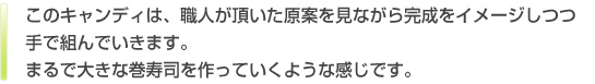 このキャンディは、職人が頂いた原画を見ながら完成をイメージしつつ手で組んで作ります。まるで大きな巻寿司を作るイメージです。